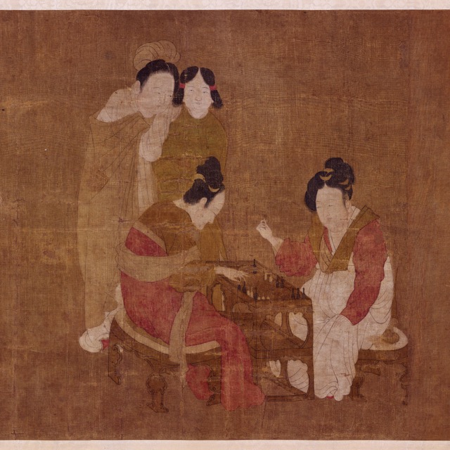 Tang dynasty painting of court ladies playing a board game